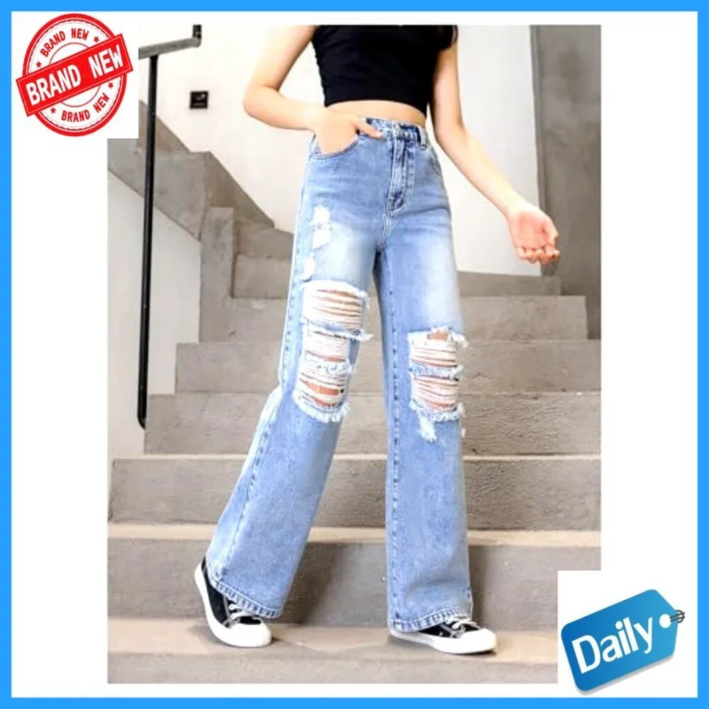Girl's High Waist Elastic Ripped Wide Leg Jeans Distressed Denim Pants